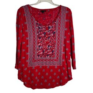 Lucky Brand Red Floral Print Tunic Top 3/4 Sleeve Women's Size L